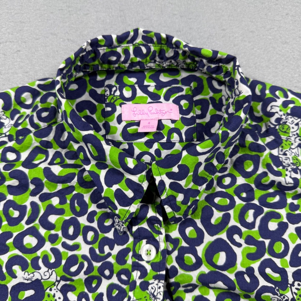 Lilly Pulitzer Leopard Animal Print Green Navy Blue Cotton Button Up Shirt 4 - Picture 3 of 9